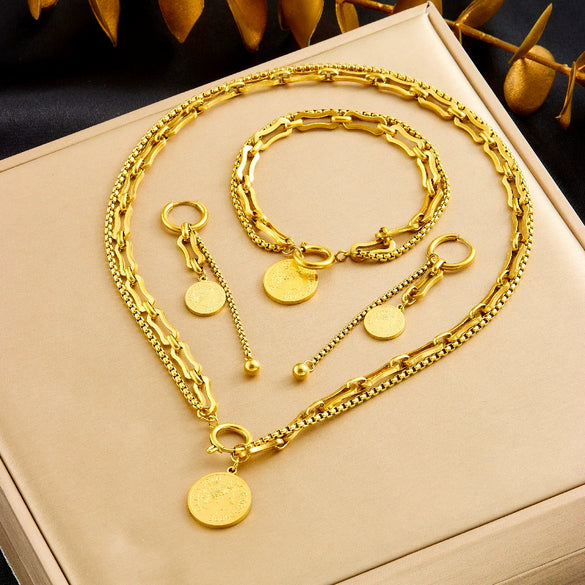 Neutral Style Goldplated Stainless Steel Coin Round Pendant Earrings Necklace Bracelet