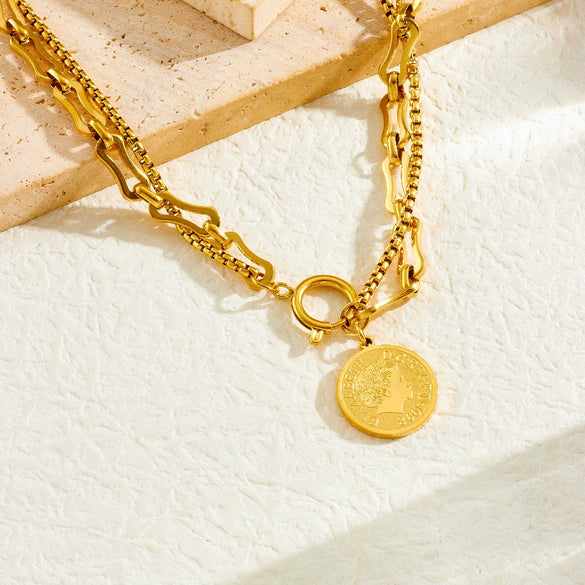 Neutral Style Goldplated Stainless Steel Coin Round Pendant Earrings Necklace Bracelet