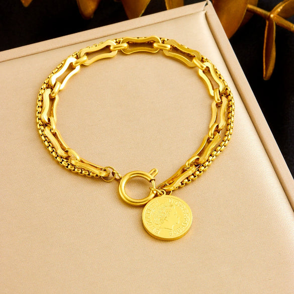 Neutral Style Goldplated Stainless Steel Coin Round Pendant Earrings Necklace Bracelet