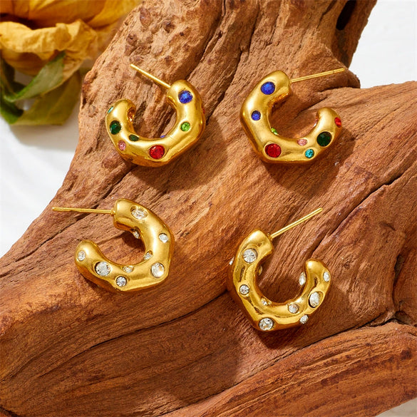 Neutral Titanium Steel C Shaped Earrings With Zircon Inlaid Geometric And Cartoon Style Vacuum Electroplated