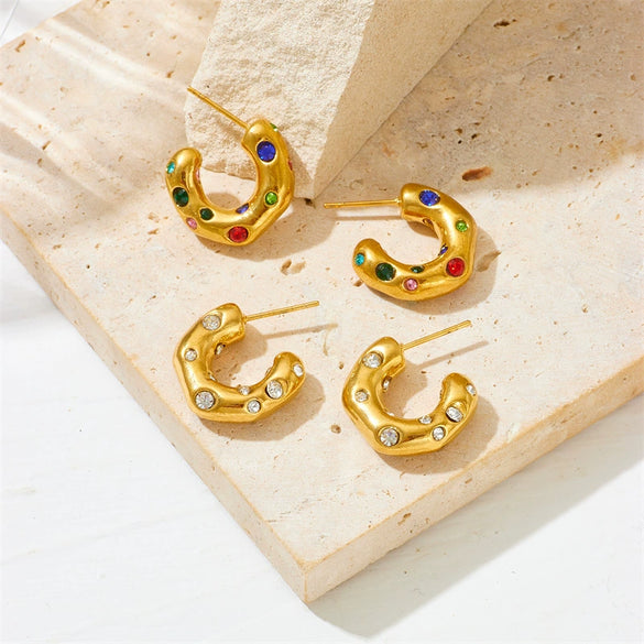Neutral Titanium Steel C Shaped Earrings With Zircon Inlaid Geometric And Cartoon Style Vacuum Electroplated