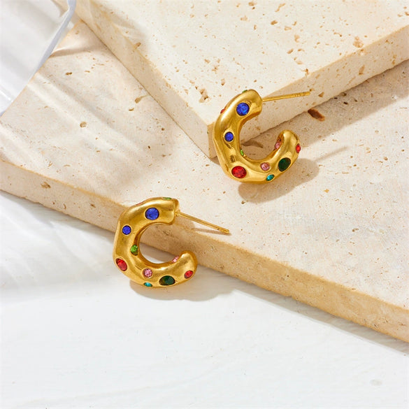 Neutral Titanium Steel C Shaped Earrings With Zircon Inlaid Geometric And Cartoon Style Vacuum Electroplated