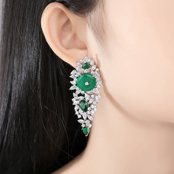 New Chinoiserie Exaggerated Copper Inlaid Zircon Geometric Long Earrings For Women Elegant Banquet Fashion Style