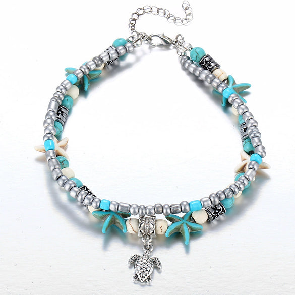 New Conch Rice Beads Yoga Anklet Bracelet Beach Starfish Pendant Shell Crystal Beads Foot Ornaments