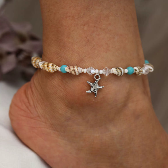 New Conch Rice Beads Yoga Anklet Bracelet Beach Starfish Pendant Shell Crystal Beads Foot Ornaments