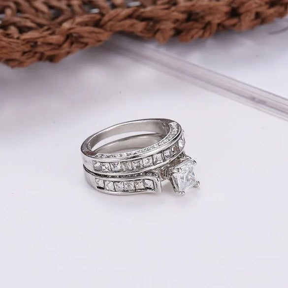 New Couple Two-Piece Big Zircon Ring Environmental Protection Copper Diamond Bridal Wedding Ring