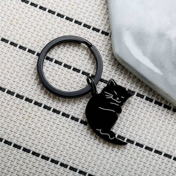 New Creative Black And White Cartoon Cat Stainless Steel Keychain Pendant For Couples