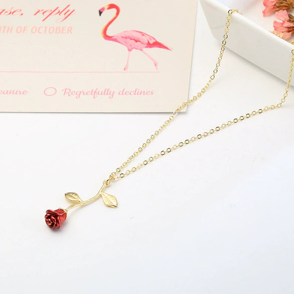 New Creative Jewelry Red Rose Pendant Necklace For Girlfriend Alloy Electroplated Water Wave Chain