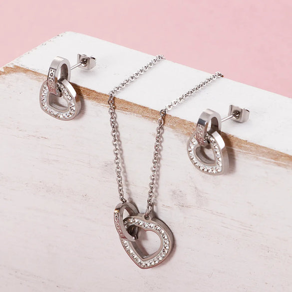 New Diamond Double Ring Titanium Steel Earrings Necklace Set Wholesale Gooddiy