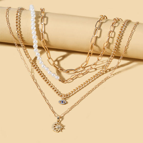New Gold-Plated Pearl Eyes Multi-Layer Necklace Fashion Socialite Street Sweater Chain Female Factory Direct Sales