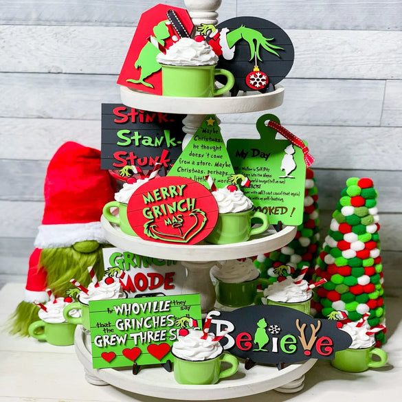 New Grinch Christmas Wooden Layered Tray Desktop Party Decoration
