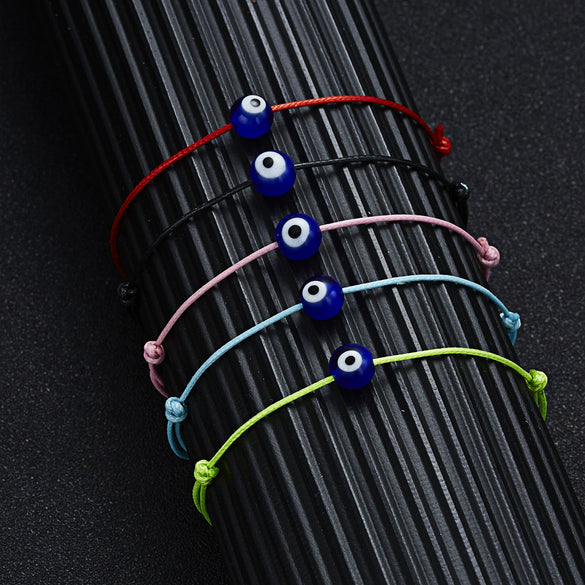 New Handmade Woven Adjustable  Paper Card Evil Eye Bracelet With Blue Eyes In Red Black Fluorescent Green Pink Beads Alloy Cord For Unisex Wholesale