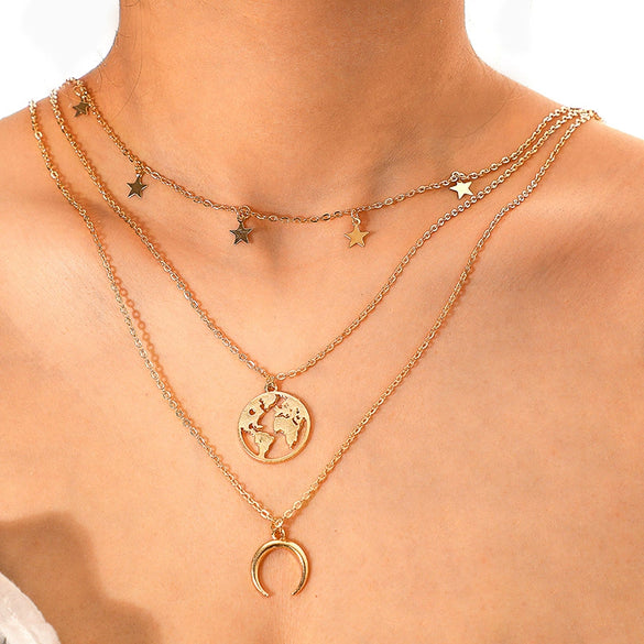 New Jewelry Fashion Multilayer Necklace With Horn Moon Star Map Pendant Alloy Material Snake Bone Chain Plant Flowers Style Ushape Pattern For All Genders