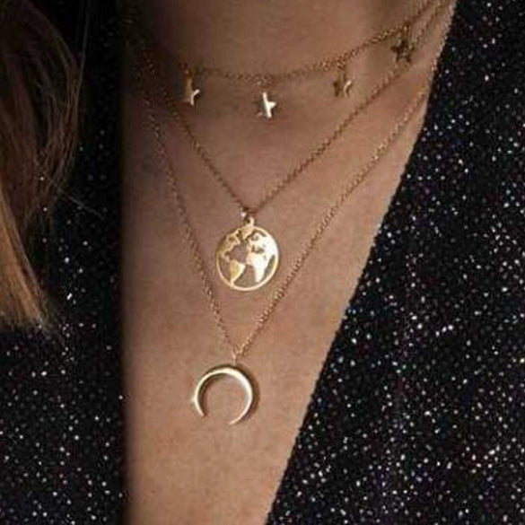 New Jewelry Fashion Multilayer Necklace With Horn Moon Star Map Pendant Alloy Material Snake Bone Chain Plant Flowers Style Ushape Pattern For All Genders
