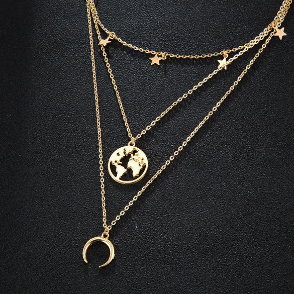 New Jewelry Fashion Multilayer Necklace With Horn Moon Star Map Pendant Alloy Material Snake Bone Chain Plant Flowers Style Ushape Pattern For All Genders