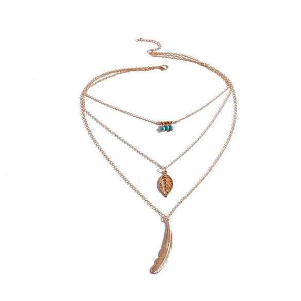 New Necklace Vintage Rice Beads Leaf Feather Beaded Tree Hair Combination Multilayer Necklace