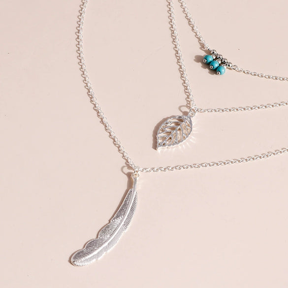 New Necklace Vintage Rice Beads Leaf Feather Beaded Tree Hair Combination Multilayer Necklace