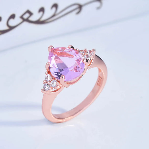 New Pink Diamond Rose Gold Drop Pear Shaped Ring European And American Simple Ring Female