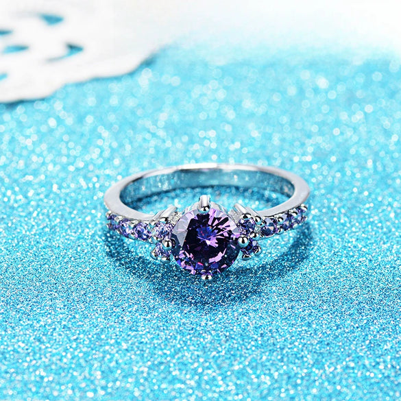 New Purple Stone Round Female Ring Fashion Simple Platinum Ring