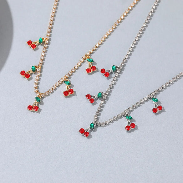 New Single Row Micro-Embellished Diamond Rhinestone Cherry Tennis Chain Cherry Pendant For Women