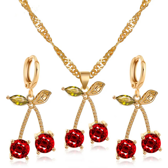 New Style Hot Wedding Dinner Jewelry Temperament Pomegranate Red Cherry Necklace Girl's Simple Wild Crystal Earrings Wholesale Gooddiy