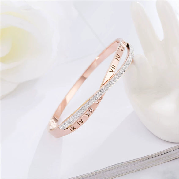 New Titanium Steel Diamond Rose Gold Twisted Arm Bracelet Female Roman Text Bracelet Stainless Steel Jewelry Wholesale
