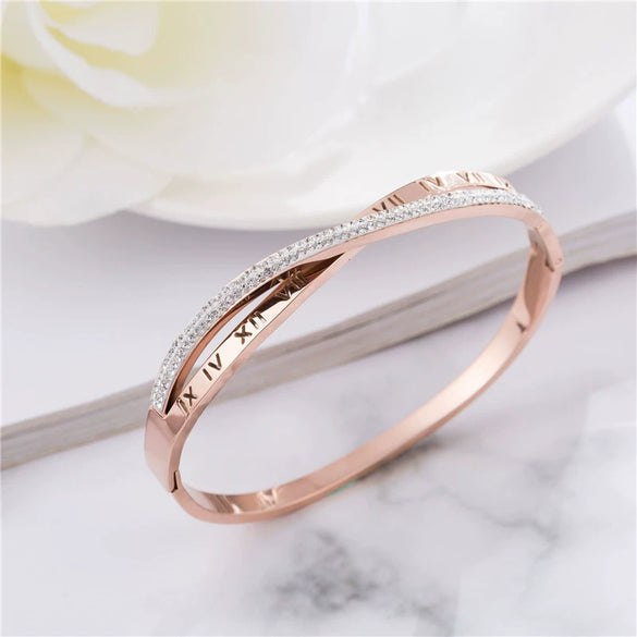 New Titanium Steel Diamond Rose Gold Twisted Arm Bracelet Female Roman Text Bracelet Stainless Steel Jewelry Wholesale