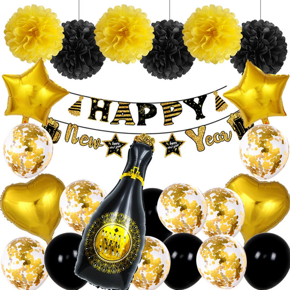 New Year Black And Gold Latex Balloon Set With Happy New Year Flag Banner Party Decorations