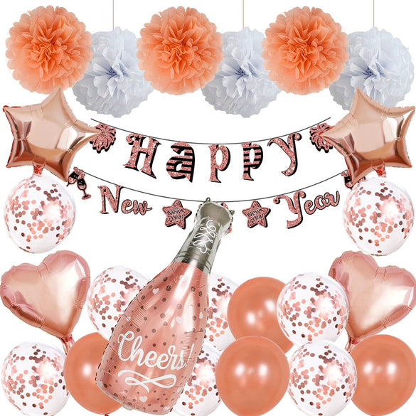 New Year Black And Gold Latex Balloon Set With Happy New Year Flag Banner Party Decorations
