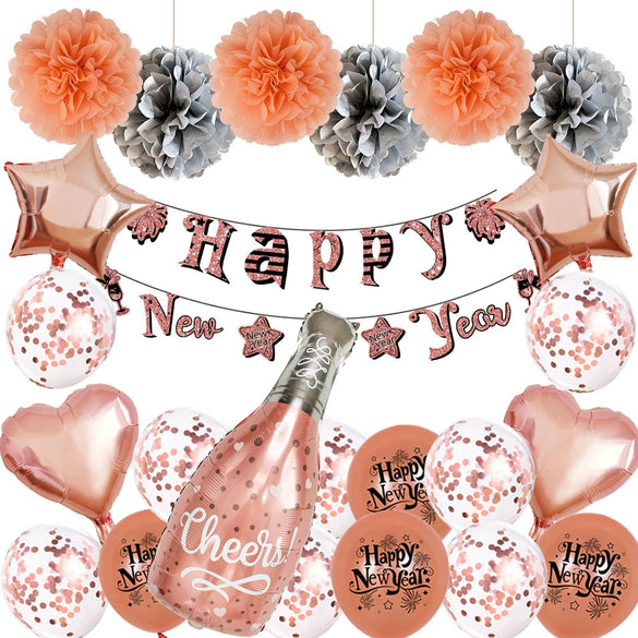 New Year Black And Gold Latex Balloon Set With Happy New Year Flag Banner Party Decorations