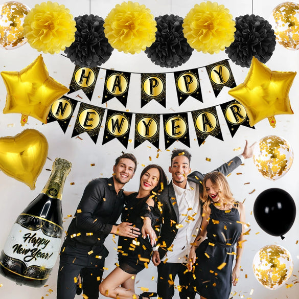 New Year Black And Gold Latex Balloon Set With Happy New Year Flag Banner Party Decorations