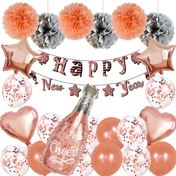 New Year Black And Gold Latex Balloon Set With Happy New Year Flag Banner Party Decorations