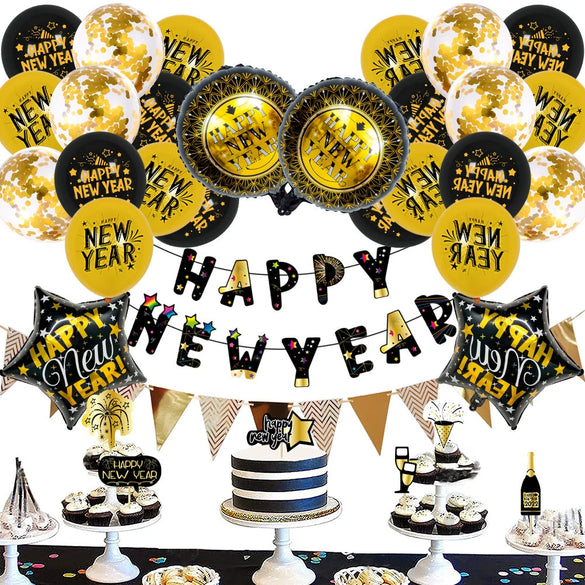 New Year Round Aluminum Foil Balloon Set With Golden Banner For Holiday Eve Party Decorations