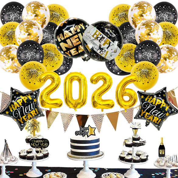 New Year Round Aluminum Foil Balloon Set With Golden Banner For Holiday Eve Party Decorations