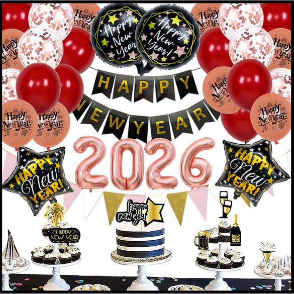 New Year Round Aluminum Foil Balloon Set With Golden Banner For Holiday Eve Party Decorations