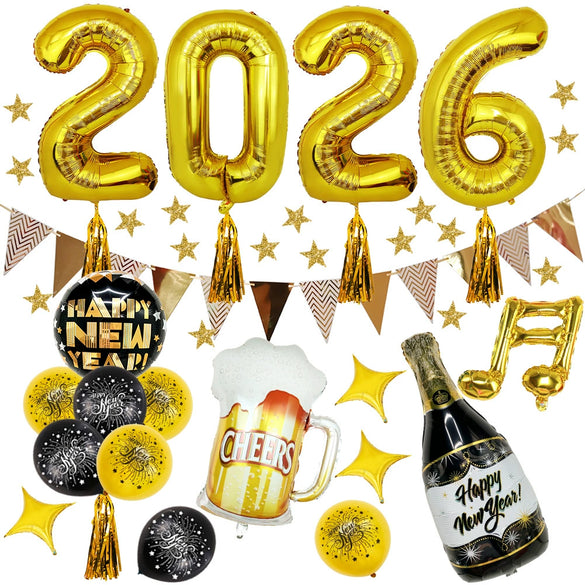New Year Round Latex And Aluminum Foil Balloon Set In Black Gold Rose Gold And Pink For Party Decorations