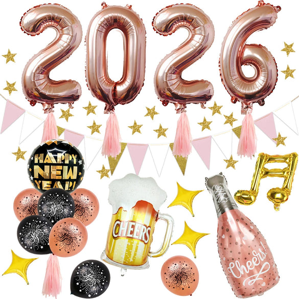 New Year Round Latex And Aluminum Foil Balloon Set In Black Gold Rose Gold And Pink For Party Decorations