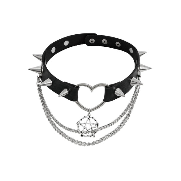 Niche Dark Style Rivet Punk Collar Leather Choker Necklace For Women Alloy Pendant Heart Pattern