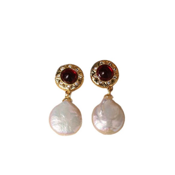 Niche Dirty Red Agate Freshwater Pearl Earrings Electroplated