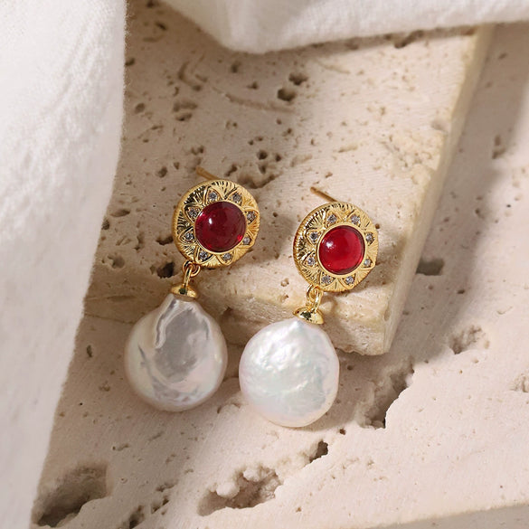 Niche Dirty Red Agate Freshwater Pearl Earrings Electroplated
