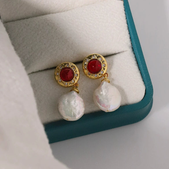 Niche Dirty Red Agate Freshwater Pearl Earrings Electroplated