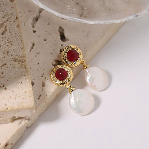 Niche Dirty Red Agate Freshwater Pearl Earrings Electroplated