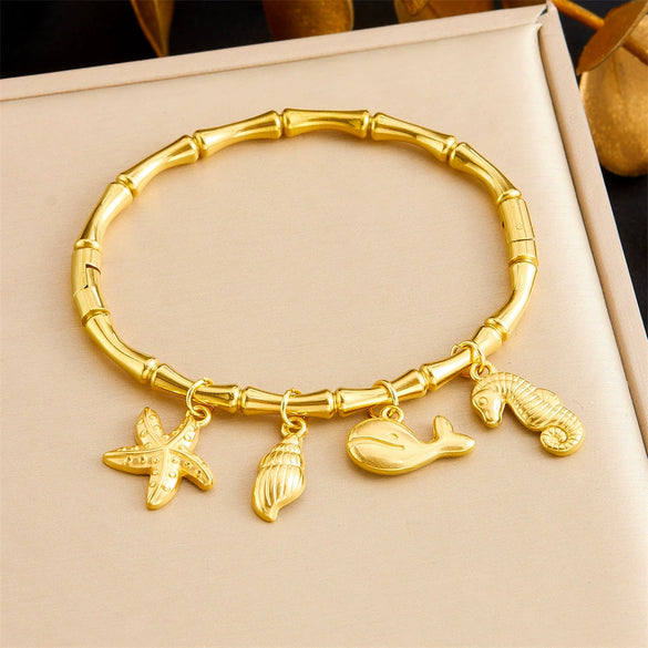 Niche Fashion Gold Plated Stainless Steel Marine Wind Bamboo Bracelet With Tropical Fish Starfish Butterfly Conch Patterns