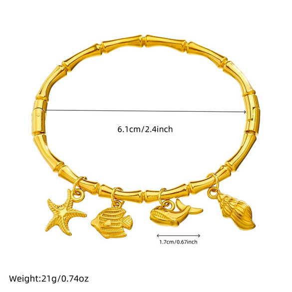 Niche Fashion Gold Plated Stainless Steel Marine Wind Bamboo Bracelet With Tropical Fish Starfish Butterfly Conch Patterns