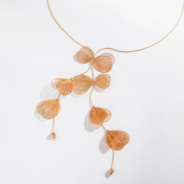 Niche Ginkgo Leaf Tassel Necklace For Women Iron And Alloy Geometric Pattern Snake Bone Chain