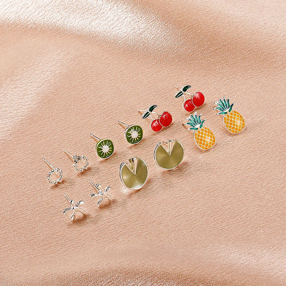 Gooddiy Korean Style Fruit Geometric Dripping Oil Earrings 6-Piece Set Wholesale Jewelry