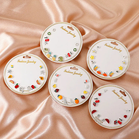Gooddiy Korean Style Fruit Geometric Dripping Oil Earrings 6-Piece Set Wholesale Jewelry