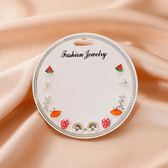 Gooddiy Korean Style Fruit Geometric Dripping Oil Earrings 6-Piece Set Wholesale Jewelry