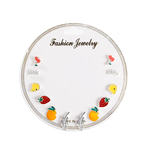 Gooddiy Korean Style Fruit Geometric Dripping Oil Earrings 6-Piece Set Wholesale Jewelry