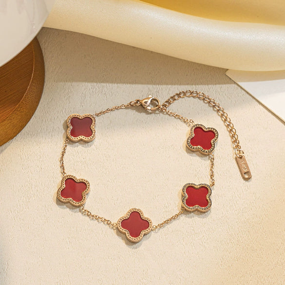 Nonfading Titanium Steel Fourleaf Clover Diamond Charm Bracelet With 18K Rose Gold Finish For Women